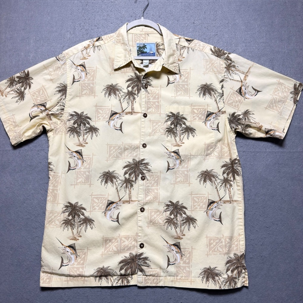 AFTCO Bluewater Mens Large Marlin Palm Tree Hawaiian Shirt Cotton Cream USA Made